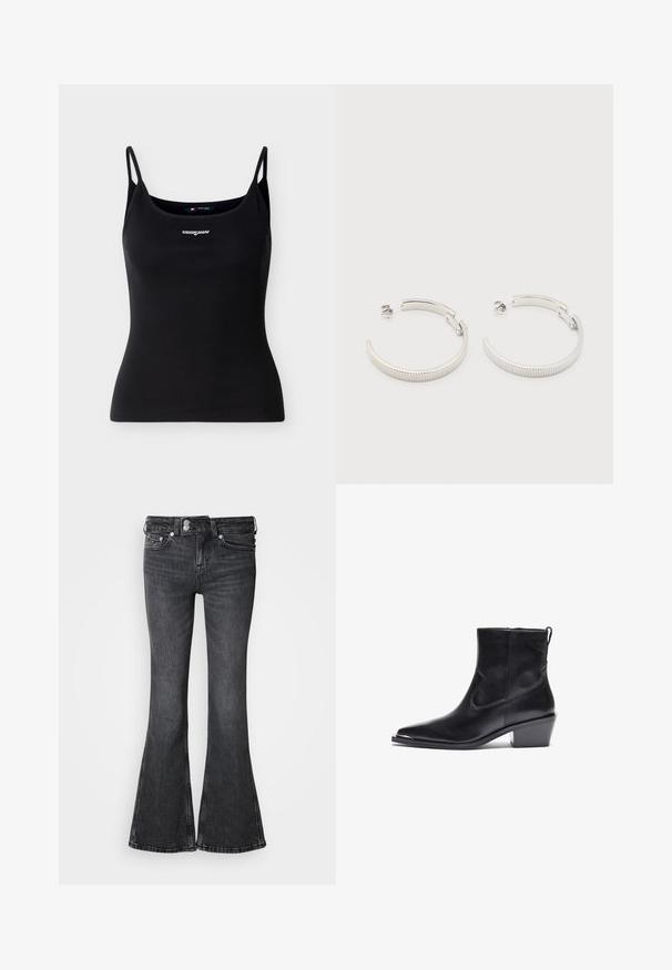 Schwarzes geripptes Spaghettiträger-Top mit "tommy jeans"-Logo, das in Weiß auf der Brustmitte gestickt ist.; Schwarze Schlagjeans aus Denim mit mittelhohem Bund, fünf Taschen und einem abgesteppten Saum. Dekoratives Logo auf dem hinteren Bund.; Schwarzer Leder-Ankle-Boot mit spitzer Zehe und niedrigem Blockabsatz. Mit einem Seitenreißverschluss und minimalen Nähdetails für ein elegantes Design.; Ohrstecker in Silberoptik, halbkreisförmig mit geriffelter Textur und Steckverschlüssen, auf weißem Hintergrund.