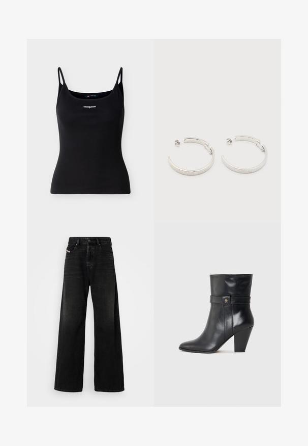 Sort ribstrikket tanktop med spaghetti-stropper og "tommy jeans" logo broderet i hvidt på midten af brystet.; Bredde ben sorte denimjeans med høj talje, med knaplukning, forlommer og en falmet struktur.; Tommy Hilfiger Højhælede støvletter - black; Sølvfarvede halvcirkelformede creoler med riflet tekstur og trykknapslukning på hvid baggrund.