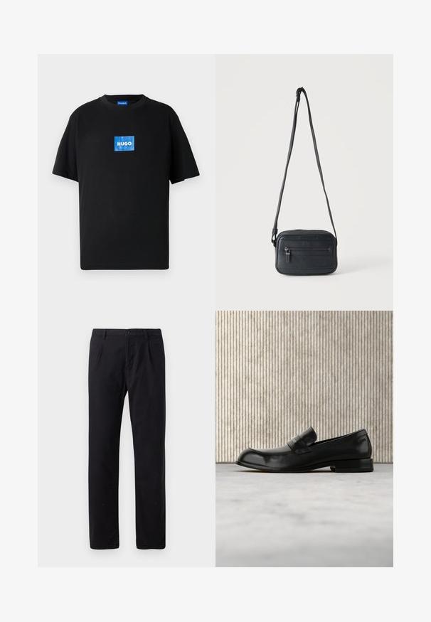 Zwart katoenen T-shirt met een ronde hals en korte mouwen. Voorzien van een blauw rechthoekig "HUGO" logo aan de voorkant.; Zwarte broek van een katoenmix, met een klassiek recht model, knoopsluiting en zonder zichtbare patronen of versieringen.; Zwarte leren loafer met metalen accent, zwevend weergegeven boven een beige tapijt, met een ronde, amberkleurige tafel op de achtergrond.; Zwarte crossbodytas met een voorvak met rits, een gestructureerd oppervlak en een verstelbare band, hangend tegen een effen lichte achtergrond.