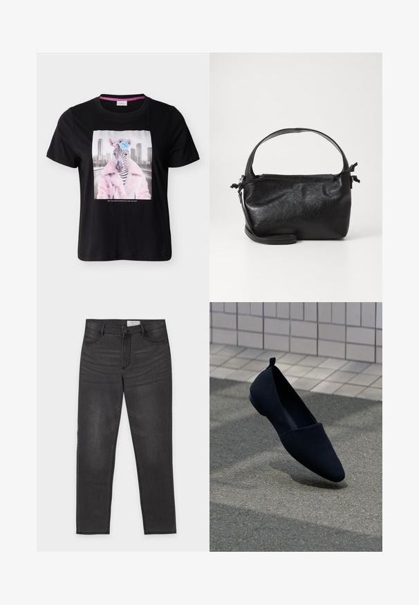 Sort T-shirt med en zebra iført en pink nitteret frakke og en blå blomst på hovedet, byens skyline i baggrunden.; Sort denim med lige ben, knap- og lynlåslukning, for- og baglommer samt diskret falming på lårene, lagt fladt på en hvid baggrund.; Sorte flade sko med spids tå, glat tekstur og minimalistisk design. Har en lille hæl og en løkke ved ryggen.; Sort læderhåndtaske med et struktureret design, rund tophåndtag og aftagelig skulderrem. Den har en glat tekstur og en subtil glans.