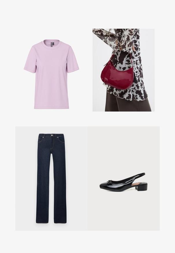 T-shirt à manches courtes violette claire avec col rond et étiquette de marque "PIECES" à l'intérieur du col, présenté sur un fond blanc.; Jean droit bleu marine avec poches avant, passants pour ceinture, bouton en métal et détails de couture sur un fond blanc uni.; Chaussure slingback en cuir verni noir avec petit talon bloc et petit nœud sur l'avant arrondi, vue de profil sur fond blanc.; Femme portant un chemisier à motif noir et blanc tenant un sac à main rouge brillant sur un fond uni.