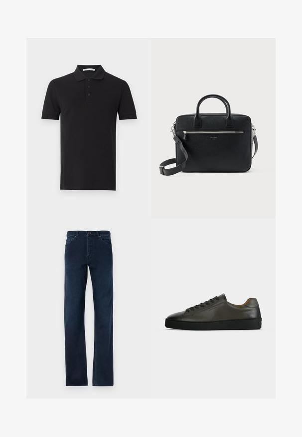 Zwarte polo in een zachte stof, met een kraag, een knoopsluiting met drie knopen en korte mouwen met geribbelde manchetten.; Donkerblauwe denim jeans met rechte pijpen, vijf zakken, een knoopsluiting en contrasterende stiksels langs de naden.; Donkergrijze leren lage sneaker met zwarte veters en zool, minimalistisch ontwerp, zijaanzicht op een effen lichte achtergrond.; Zwart gestructureerde rechthoekige leren aktetas met dubbele handvatten, voorvak met rits en verstelbare schouderriem, weergegeven op witte achtergrond.
