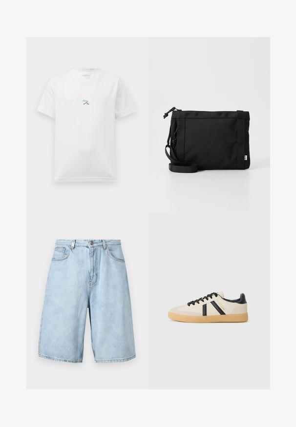 Hvid T-shirt med korte ærmer og små farverige broderier af krydsede stænger samt blå kursiv tekst centreret på brystet.; Lys blå denimshorts med løs pasform, der har to forlommer, lynlås og synlige stikninger.; Casual sneakers i creme med sorte striber, med en tekstureret overdel og sål i gummigummi. Snørebåndene er sorte. Diskret logo på siden.; Sort stof skuldertaske med en struktureret overflade, justerbar rem og snørelukning. Har kraftige syninger og et sideetiket.