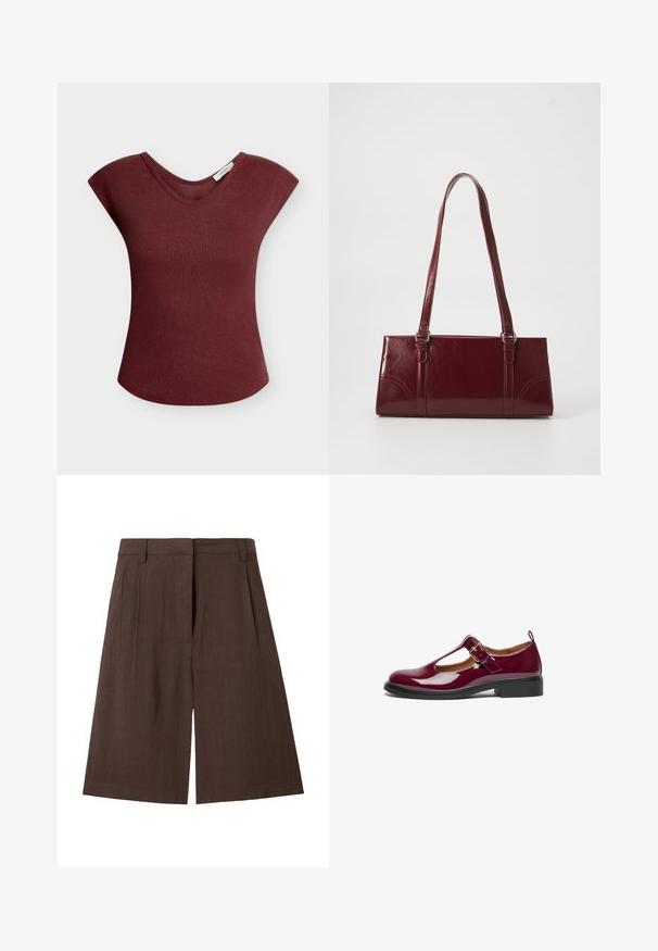 Haut sans manches en maille côtelée rouge foncé avec un col rond et des épaules légèrement relevées.; Shorts marron taille haute à jambes larges avec passants pour ceinture et fermeture éclair à l'avant.; Chaussure Mary Jane en cuir verni bourgogne avec un bout arrondi, une bride T, une boucle ajustable et un petit talon carré. Texture lisse et design simple.; Sac à main bordeaux en matériau brillant, de forme rectangulaire, avec deux anses et des accents légèrement courbés à l'avant.