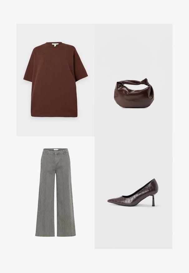 Camiseta marrón de manga corta y cuello redondo de gran tamaño con etiqueta visible de la marca Topshop en el interior del cuello, exhibida sobre un fondo blanco.; Pantalones de pierna ancha a rayas blancas y negras con cintura alta, que cuentan con trabillas para cinturón y una textura suave. Aptos para uso casual o formal.; Tacones puntiagudos de cuero sintético marrón con textura de cocodrilo, con un tacón delgado y angular y un forro interior suave.; Bolso de hombro de cuero marrón oscuro con una forma suave y caída, y un asa con nudo torcido sobre un fondo blanco liso.