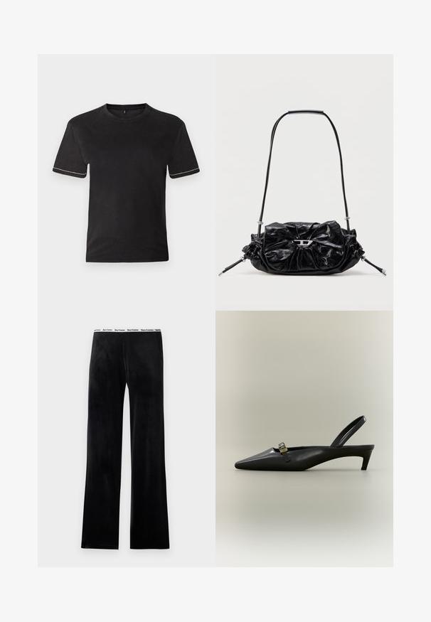 Schwarzes Baumwoll-T-Shirt mit kurzen Ärmeln, Rundhalsausschnitt und kontrastierenden weißen Nähten an den Ärmelsäumen. Glatte Textur, lockere Passform.; Schwarze Fleece-Hose mit geradem Bein, ausgestattet mit einem weißen elastischen Bund mit Markenlogo. Weiche Textur, ohne zusätzliche Muster.; Schwarzer Slingback-Kitten-Heel aus Leder mit spitz zulaufender Zehenpartie und kleiner goldfarbener Schnalle auf einfarbigem Hintergrund.; Schwarze Lederhandtasche mit gerafftem Design und Schleifendetail auf der Vorderseite. Verfügt über einen kurzen Griff und silberne Hardware-Akzente.