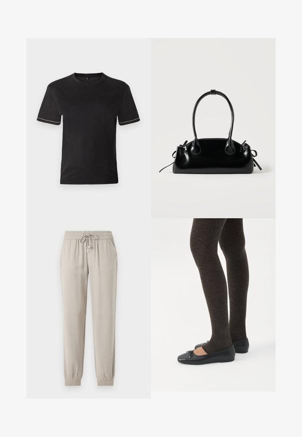 Must alusärgi lühike varrukas, ümar kaelus ja kontrastsed valged õmblused varrukate ääres. Sile tekstuur, vabalt istuv.; Kerged beige jogger püksid, mis on valmistatud pehmest kangast, sisaldavad elastset vööd ja nööri, küljetaskuid ning elastseid pahkluuseid.; Jalad seljas tumedad soonelises soonelises kombines mustade baleriinadega, millel on väikesed paelade detailid valgel taustal.; Väike must läikiv käekott kahe pika sangaga ja külgedel paelakinnitustega, ühel lihtsal helel taustal.
