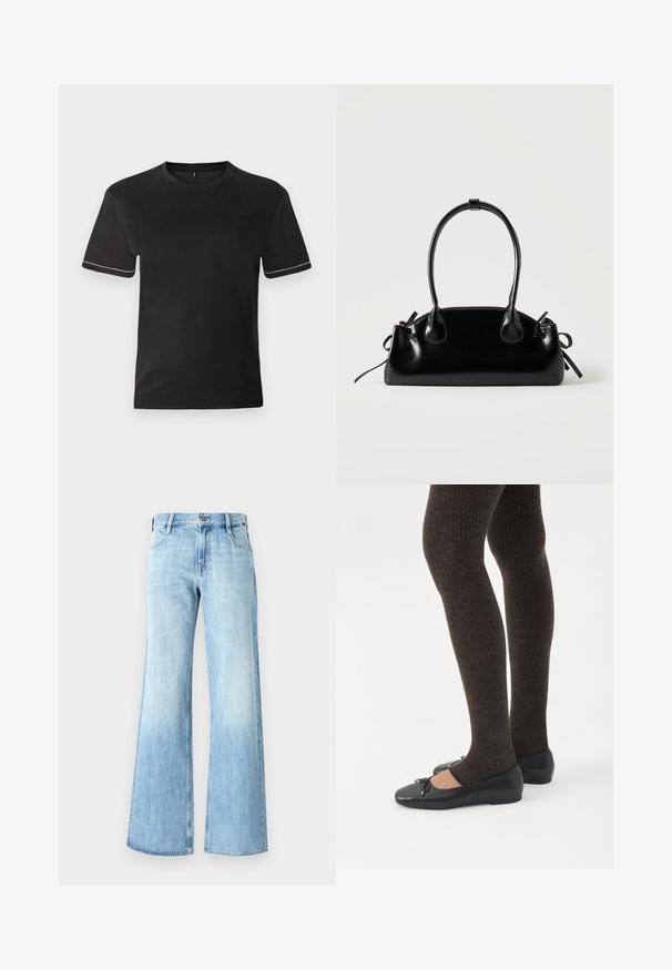 Sort bomulds T-shirt med korte ærmer, rund halsudskæring og kontrasterende hvid syning ved ærmekanterne. Glat tekstur, afslappet pasform.; Lyseblå denim flare jeans med høj talje, klassisk fem-lomme design og knaplukning, samt en let falmning nær kanten.; Ben iført mørke ribbede leggings kombineret med sorte balletsko med små sløjfedetaljer på hvid baggrund.; Lille sort blank håndtaske med to lange håndtag og snøre-detaljer i siden på en ensfarvet lys baggrund.