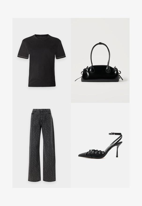 Camiseta de algodón negra de manga corta, con escote redondo y costuras en blanco en los puños de las mangas. Textura suave, corte relajado.; Noisy May Rhinestone - Vaqueros boyfriend - black denim; Zapato de tacón alto negro con punta fina, bordes ondulados, ojales metálicos, cordones delanteros y una correa en el tobillo con cierre de hebilla.; Pequeño bolso negro brillante con dos asas largas y detalles de cordón lateral sobre un fondo claro liso.