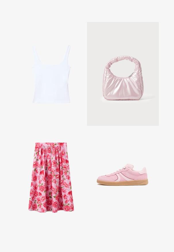 Débardeur blanc avec un décolleté carré, des bretelles larges et une coupe ajustée. Fabriqué en tissu lisse et extensible pour le confort.; Jupe froncée rose avec imprimé floral rouge vif et rose et feuilles vertes, longueur genou, tissu léger.; Baskets basses en daim rose avec des rayures blanches, des lacets blancs, et une semelle en caoutchouc beige, vues de côté extérieur sur fond blanc.; Sac à main rose rembourré avec un design arrondi, fabriqué à partir d'un matériau brillant. Dispose d'une poignée froncée et d'une fermeture éclair pour un accès sécurisé.
