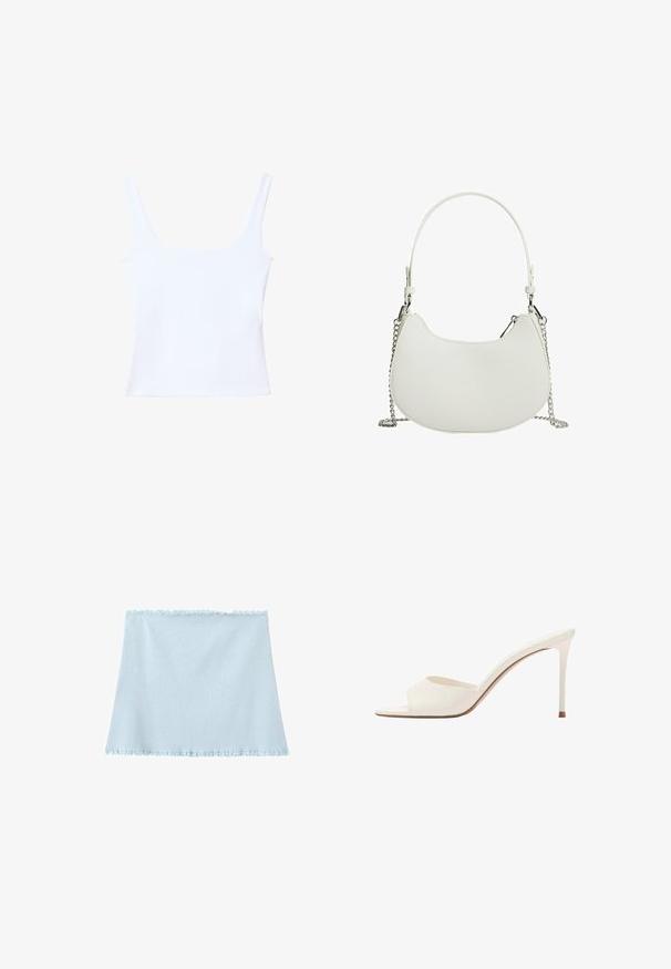 Débardeur blanc avec un décolleté carré, des bretelles larges et une coupe ajustée. Fabriqué en tissu lisse et extensible pour le confort.; Haut tube en maille bleu clair avec bords volantés en haut et en bas, posé à plat sur un fond blanc.; Mule blanche à bout ouvert avec une seule large bride et un talon stiletto fin sur un fond blanc uni.; Sac à main synthétique blanc de forme courbée, avec une bandoulière en chaîne et un design minimaliste. Texture lisse avec des accents en métal argenté.