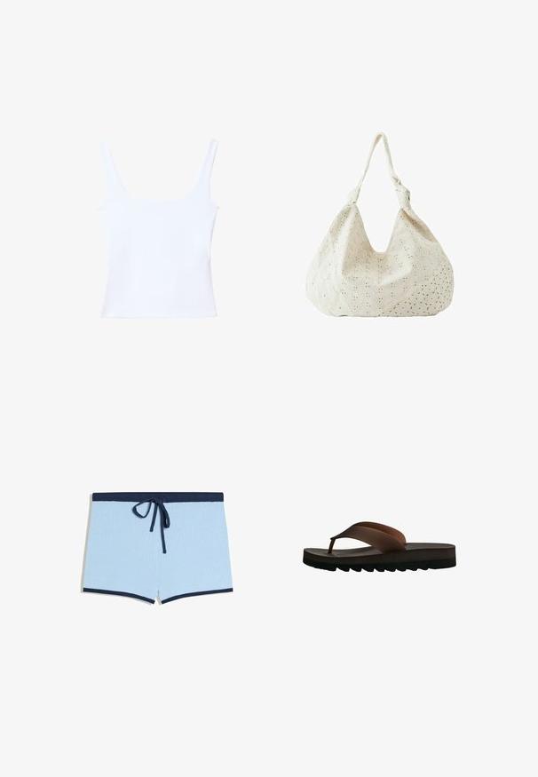 Débardeur blanc avec un décolleté carré, des bretelles larges et une coupe ajustée. Fabriqué en tissu lisse et extensible pour le confort.; Short en tricot bleu clair avec taille bleu foncé, cordon de serrage et bordure aux ouvertures des jambes, présenté à plat sur fond blanc.; Sandale tongs en cuir marron avec semelle épaisse et bande de roulement noire texturée, vue de côté sur fond blanc.; Sac à épaule en tissu couleur crème avec broderie florale à œillets et une seule bandoulière souple.