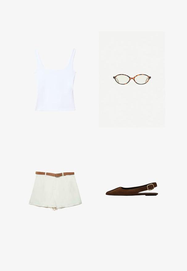 Débardeur blanc avec un décolleté carré, des bretelles larges et une coupe ajustée. Fabriqué en tissu lisse et extensible pour le confort.; Shorts blancs taille haute avec plis et ceinture en daim marron ornée d'une boucle ovale argentée.; Chaussure plate slingback en daim marron à bout pointu avec une bride à boucle dorée et une fine semelle noire.; Lunettes en écaille de tortue avec des verres ovales et une finition lisse et élégante. Présente des branches fines avec une courbure subtile au niveau des tempes. Verres transparents.