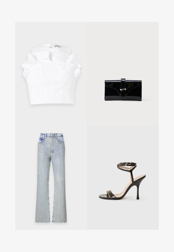 Weiße ärmellose Bluse mit hohem Rüschenkragen und Schlitzdetail vorne, auf weißem Hintergrund flach ausgelegt.; Helleblaue, ausgeflockte Jeans mit einem Karomuster aus silbernen Verzierungen, hohem Taillenbund und fransigem Saum.; Schwarze Lackleder-Sandaletten mit hohen Absätzen, dünnem Knöchelriemen und Schnalle, offener Zehenpartie und schlankem Stiletto-Absatz auf weißem Hintergrund.; Schwarze glänzende rechteckige Brieftasche mit einem vorderen Riemen und silberner Metallverschluss, vor einem schlichten weißen Hintergrund.