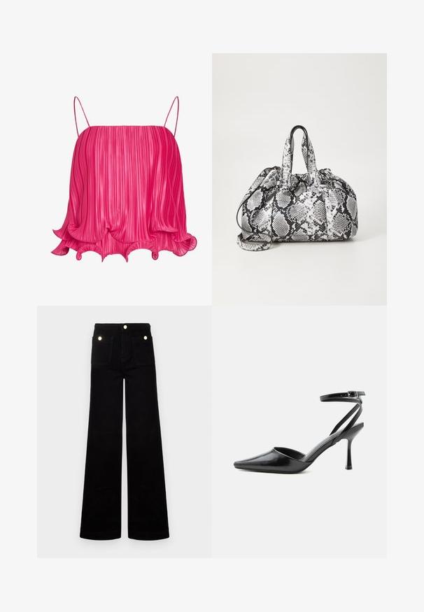 Felroze geplooide cami met dunne spaghetti-bandjes en een geruwde zoom die uitwaaiert in een golvend patroon.; Zwarte flared jeans van denim, met een hoge taille, twee voorzakken en accenten in goudkleurig metaal. Soepele textuur, wijduitlopende pijpen.; Zwarte pumps met puntige neus, dunne enkelbandjes en een zilveren gesp op een effen lichte achtergrond.; Zwart-wit handtas met slangenhuidpatroon, voorzien van twee handvaten, een trekkoordsluiting en een afneembare schouderriem. Hanteert een gladde textuur.