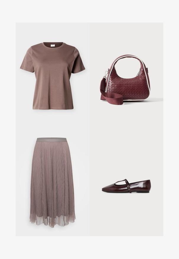 Camiseta de algodón de manga corta y cuello redondo color marrón malva con un ajuste holgado, mostrada sobre un fondo claro y liso.; Falda midi con pliegues en suave malva, con una cintura de satén lisa. Material ligero y fluido con líneas verticales y capas transparentes.; Zapato plano de cuero burdeos oscuro con punta puntiaguda y una fina tira en forma de T con hebilla plateada sobre un fondo blanco.; Bolso de mano de cuero tejido color granate con asa curva, ribete blanco, cremallera plateada y correa desmontable de tela ancha para el hombro sobre fondo liso.