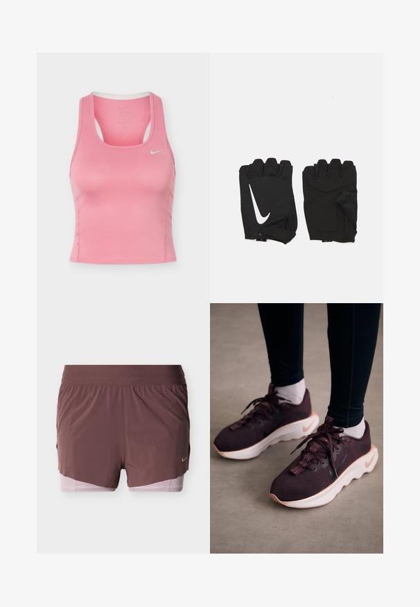 Lyserød Nike ærmeløs atletisk tanktop med racerback og lille hvid Swoosh-logo på brystet, lavet af tekstureret, åndbart stof.; Shorts i dyb mauve med et let design, der har en bred talje og en lyserød inderforing. Inkluderer en lille logodetalje på siden.; Mørkerøde sportssko med en tekstureret strikoverdel, hvid sål og sort Nike-logo. Har runde snørebånd og mønstrede snørehuller.; Sorte fingerløse træningshandsker lavet af åndbart stof, med et hvidt Nike-logo, polstrede håndflader og et åbent håndledsdesign for fleksibilitet.