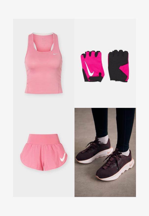 Roosa Nike'i varrukateta treeningtop koos ribakujulise seljaga ja väikese valge Swoosh-logo rinnal, valmistatud tekstureeritud hingavast kangast.; Roosad spordipüksid laia vöökohaga ja valge Nike logoga vasakul küljel, valgel lihtsal taustal.; Tumesinis spordijalatsid tekstuurse kudumülemise, valge tallaga ja musta Nike logoga. Omavad ümarad paelad ja mustrilisi paelaauke.; Lühikesed roosa värvi kindad mustade aktsentidega, valge Nike logo, polsterdatud peopesad ja sõrmevaba disain, mis tagab parema haarde ja paindlikkuse.