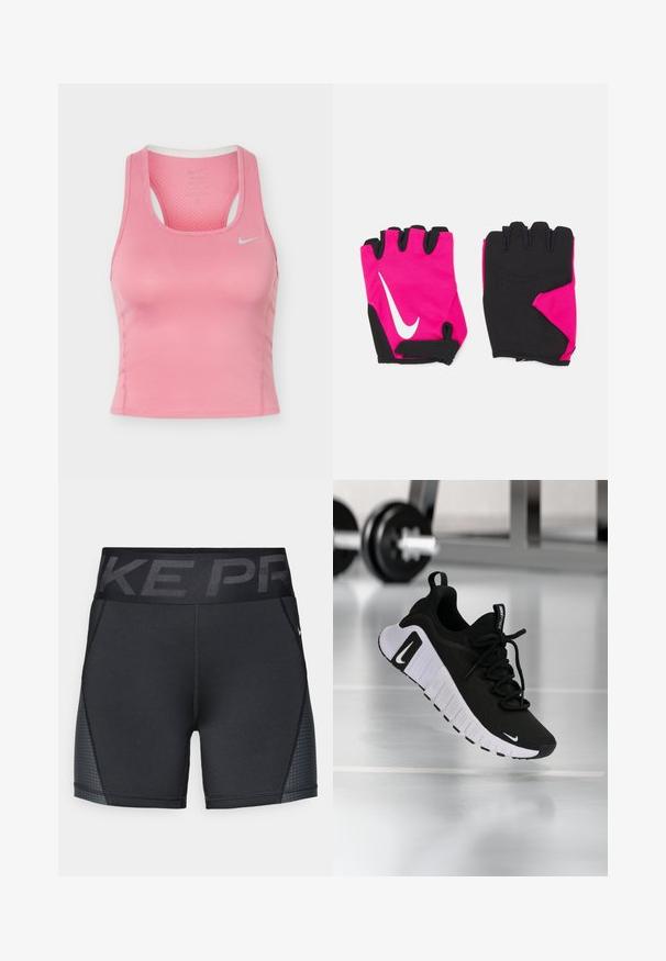 Lyserød Nike ærmeløs atletisk tanktop med racerback og lille hvid Swoosh-logo på brystet, lavet af tekstureret, åndbart stof.; Sorte atletiske shorts lavet af strækbart stof, med en bred talje med "NIKE PRO" logo og subtile strukturerede detaljer langs siderne.; Sort atletiksko med en tekstureret stofoverdel, hvid sål og fremtrædende snøresystem. Indeholder en Nike-logo og et blødt, polstret design.; Korte lyserøde handsker med sorte accenter, der har et hvidt Nike-logo, polstrede håndflader og fingerløst design for bedre greb og fleksibilitet.