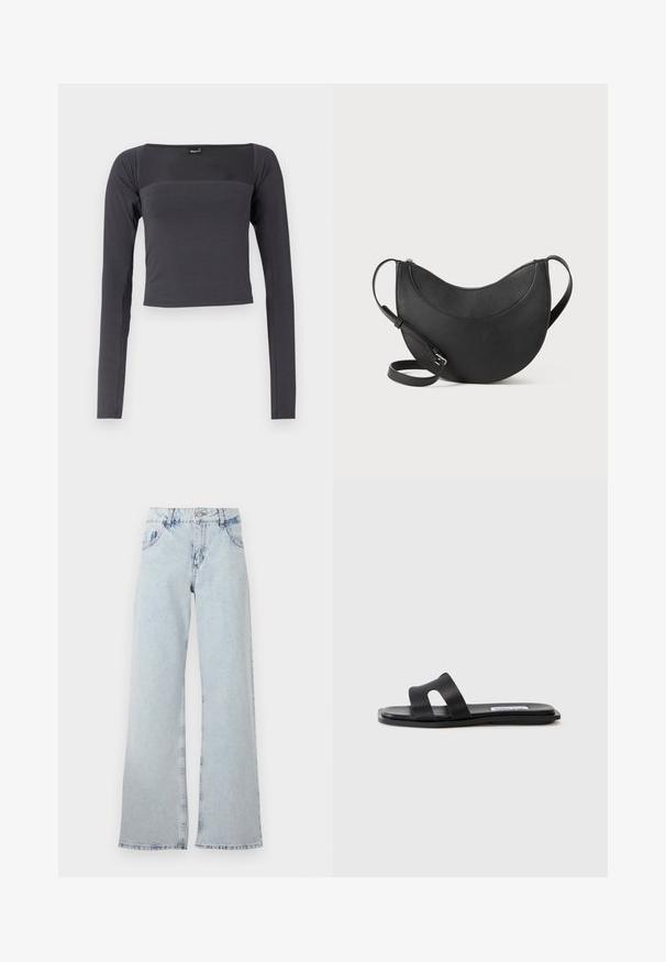 Haut cropped à manches longues en tissu gris foncé avec une texture lisse. Doté d'un décolleté carré et d'une coupe ajustée.; Jeans large bleu clair en denim, avec une taille haute, des passants de ceinture, cinq poches et des zones décolorées pour un aspect vintage.; Sandale plate noire avec deux larges brides, un détail découpé sur une des brides et une finition lisse mate. Semelle fine et flexible.; Sac en cuir noir en forme de lune avec une fermeture éclair, doté de deux poignées et d'une texture lisse. Design minimaliste sans accents supplémentaires.