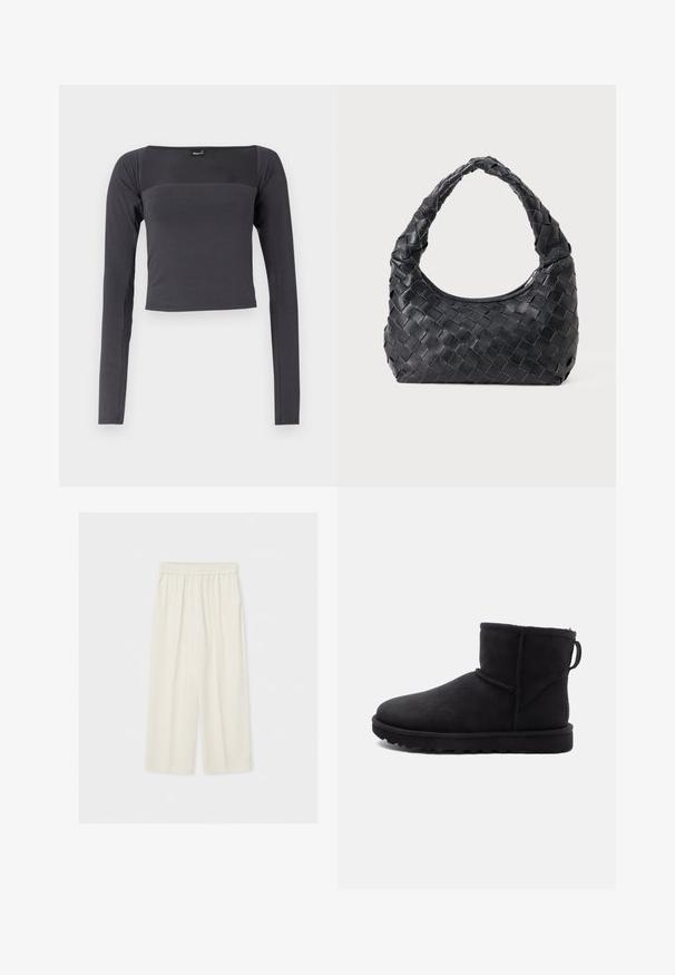 Langemouwige, cropped top van donkergrijze stof met een gladde textuur. Heeft een vierkante halslijn en een aansluitend ontwerp.; Losse, hoog getailleerde crème kleurige wijde broek met een elastische tailleband, plat uitgespreid tegen een lichte achtergrond.; Zwarte suède enkellaars met een ronde neus, een shearling voering en een platte rubberen zool. Heeft een zijnaad en een lus aan de achterkant.; Zwarte leren geweven schoudertas met een ronde handgreep en een maansvormig lichaam op een effen achtergrond.