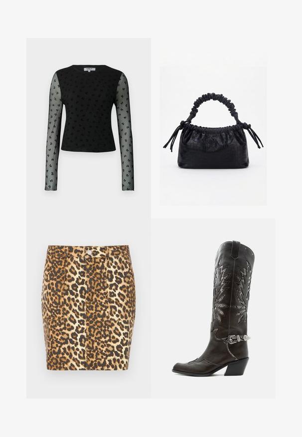 Top negro de manga larga con mangas de malla transparente, que presenta un patrón texturizado de pequeñas formas florales negras. Cuello redondo, corte corto.; Minifalda de mezclilla con estampado de leopardo en tonos marrones y beige, que presenta un cierre con botones en la parte delantera y dos bolsillos laterales.; Bota cowboy de cuero negro con recortes decorativos, hebilla plateada y tacón inclinado, presentada sobre fondo blanco.; Bolso negro con textura de cocodrilo, borde superior fruncido, asa recogida y cordones con borlas en cada lado sobre un fondo blanco.