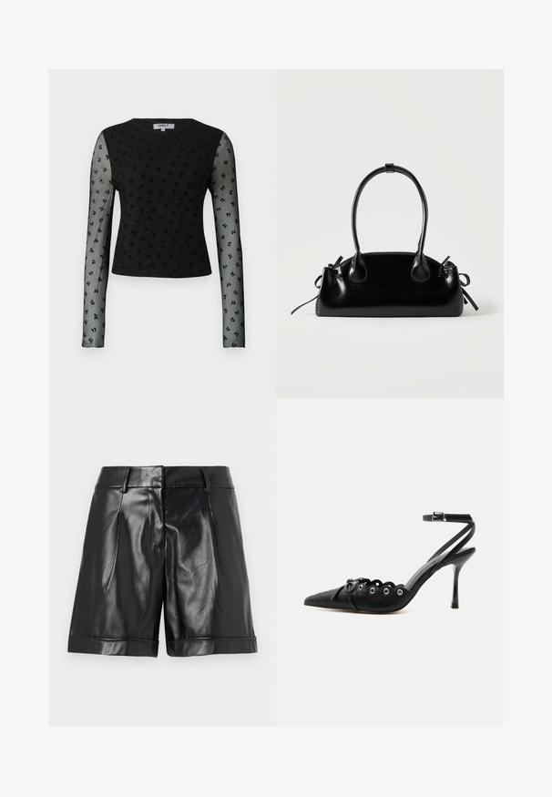 Haut noir à manches longues avec des manches en maille transparente, présentant un motif texturé de petites formes florales noires. Encolure ronde, coupe cropped.; Shorts en cuir noir avec une finition brillante, des plis avant et un ourlet roulé. Design épuré avec une taille ajustée et un matériel minimal.; Chaussure à talon haut noire à bout pointu, bords festonnés, œillets métalliques, lacets à l'avant et bride de cheville avec fermeture à boucle.; Petit sac à main noir brillant avec deux longues anses et des détails à cordon sur les côtés sur un fond clair uni.