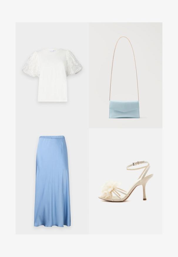 T-shirt blanc à manches courtes bouffantes en tissu transparent, avec broderie florale. Col rond, coupe décontractée, texture lisse.; Jupe midi en satin bleu clair avec une ceinture élastique, présentant une texture lisse et une légère silhouette en A. Sans motifs ni accents visibles.; Sandale blanche à talons hauts avec fine bride à la cheville, bout ouvert, et grand détail fleur en tissu sur les brides avant.; Sac à main rectangulaire en cuir bleu clair avec fermeture à rabat et fine chaîne dorée sur fond blanc.