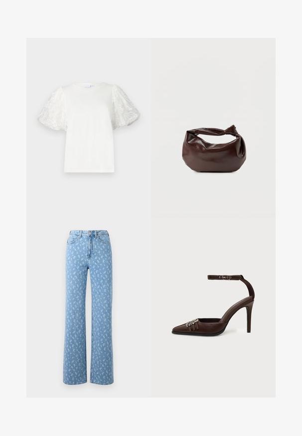 Hvid t-shirt med korte, puffede ærmer lavet af gennemsigtigt stof med blomstermønster. Rund halsudskæring, afslappet pasform, glat tekstur.; Lysblå vidde jeans i denim med et blomster mønster i en lysere skygge. Høj talje design med standard lomme konstruktion.; Brun læder højhælet sko med spids tå, tre små sølvspænder foran og justerbar ankelrem med spænde.; Mørkebrun læder skuldertaske med en blød, afslappet form og et snoet knudehåndtag på en ensartet hvid baggrund.
