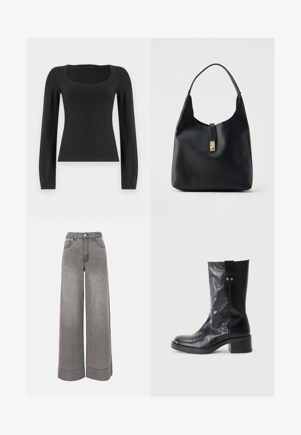 Zwart langermig nauwsluitend shirt met een vierkante halslijn en elastische manchetten op een effen witte achtergrond.; Grijs denim broek met hoge taille, brede pijpen, gevlochten riem, voorzakken, knoopsluiting en omslagzomen.; Zwarte leren enkellaars met een ronde neus, een bescheiden gestapelde hak en een decoratieve zijtab. Het materiaal heeft een strakke, gepolijste afwerking.; Zwarte leren hobo-tas met een gestructureerde afwerking, voorzien van een gouden sluiting en een enkele gebogen handgreep om over de schouder te dragen.