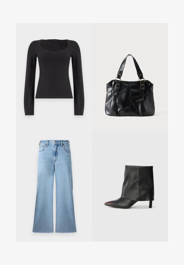 Sort langærmet tætsiddende top med firkantet udskæring og elastiske manchetter på en ensfarvet hvid baggrund.; Lys blå, brede jeans lavet af denim med en tekstureret overflade. Har en mellemhøj talje og rå kantdetaljer.; Sort ankelstøvle lavet af glat læder med spids tå og tilspidset hæl. Overdelen har et let rynket design.; Sort læder skuldertaske med dobbelte stropper fastgjort med gyldne ringe og nitter, glat og let skinnende overflade, enkelt design.