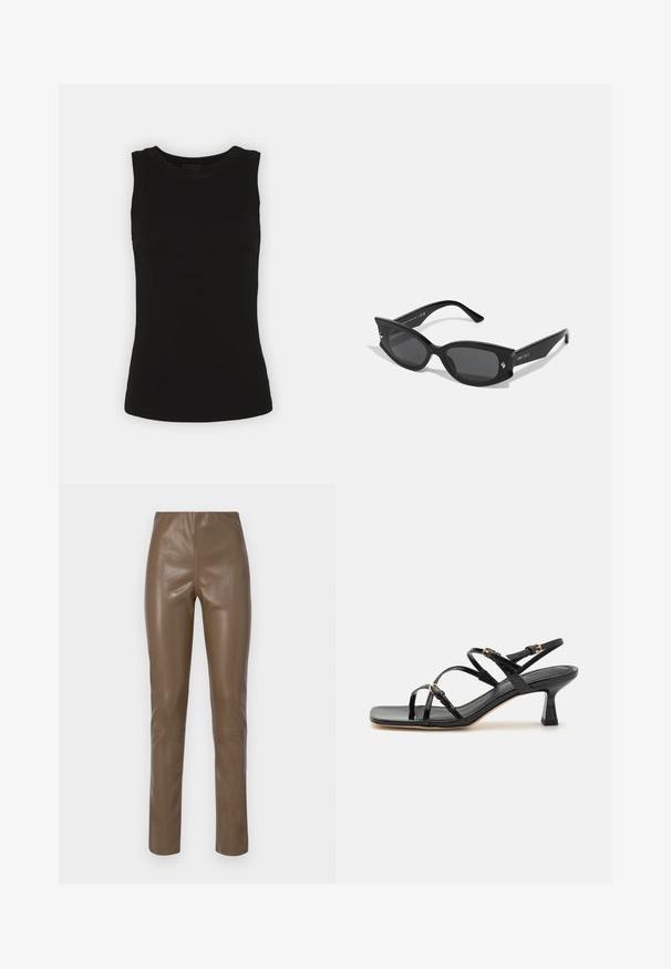 Débardeur noir sans manches en coton ribbé, avec un col rond et une silhouette ajustée.; Pantalons en cuir synthétique brun avec une texture lisse et brillante. Présentent une taille haute et des jambes droites, avec des détails de couture minimalistes.; Sandales à strapes en cuir verni noir avec un bout carré et un petit talon carré. Présente des accessoires en métal doré et des brides de cheville réglables.; Lunettes de soleil noires en forme de chat avec des montures épaisses, des verres gris et de petits accents décoratifs en métal. Matériau plastique lisse, design angulaire.