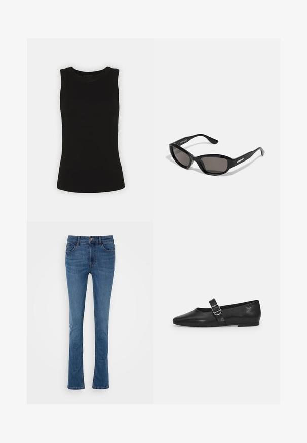 Sort ærmeløs tanktop i ribbet bomuld med rund halsudskæring og tætsiddende silhuet.; Blå denim flared jeans med fem lommer, bæltestropper og en lynlås foran. Har en glat tekstur og let falmende.; Sorte læder flade sko med rund tå, et enkelt justerbart spænde og en glat, blank overflade. Minimalistisk design med en lav hæl.; Sorte solbriller med rektangulært stel, mørke linser, glat plastmateriale og en metalaccent på templet.