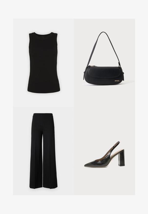 Débardeur noir sans manches en coton ribbé, avec un col rond et une silhouette ajustée.; Pantalons larges noirs avec une texture lisse, présentant une taille haute et sans fermetures visibles. Design simple et épuré.; Chaussure slingback en cuir noir à bout pointu avec un talon bloc haut et une doublure intérieure beige sur un fond clair uni.; Sac à épaule en cuir noir avec rabat incurvé, logo doré "HUGO" sur le devant, et une bandoulière réglable.