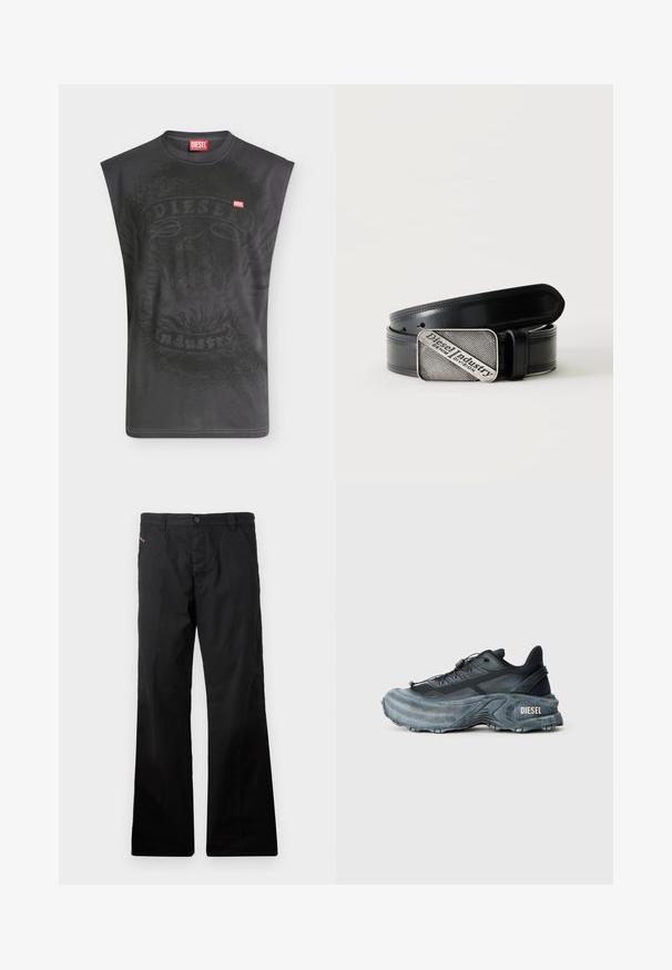 T-shirt noir sans manches Diesel avec un graphisme subtil d'aigle et un petit patch logo Diesel rouge sur la poitrine.; Pantalon droit en coton noir avec fermeture à bouton. Dispose de poches latérales et d'un design minimaliste sans motifs ni accents visibles.; Baskets Diesel noires et grises avec semelle épaisse, système de laçage à bascule et design texturé sur fond gris clair uni.; Ceinture en cuir noir avec une boucle rectangulaire argentée portant le texte gravé "Diesel Industry Denim Division" sur un fond clair à rayures.