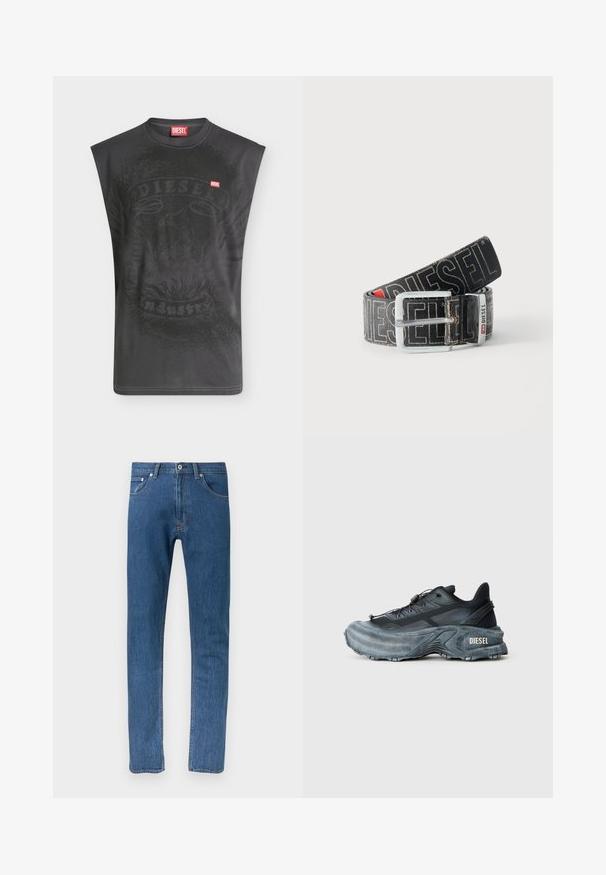 T-shirt noir sans manches Diesel avec un graphisme subtil d'aigle et un petit patch logo Diesel rouge sur la poitrine.; Jean en denim bleu à coupe droite, avec cinq poches, accessoires métalliques et coutures contrastées. Texture lisse avec un design classique.; Baskets Diesel noires et grises avec semelle épaisse, système de laçage à bascule et design texturé sur fond gris clair uni.; Ceinture noire Diesel avec grand texte logo blanc, boucle rectangulaire en argent, et détail de boucle métallique brandée, enroulée sur un fond clair.