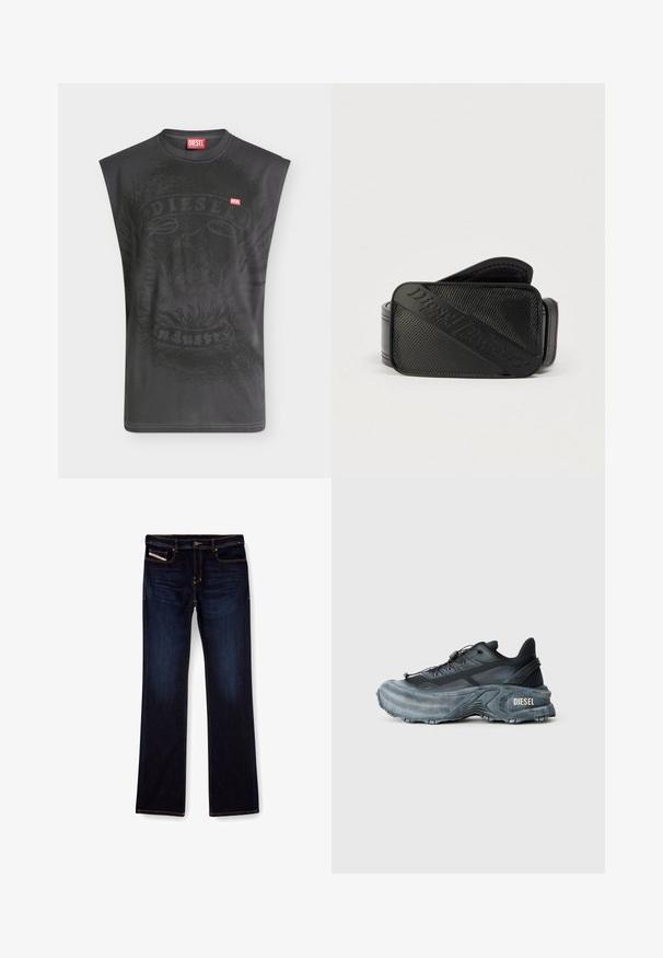 Camiseta sin mangas negra de Diesel con un sutil gráfico de águila y un pequeño parche rojo con el logo de Diesel en el pecho.; Jeans de mezclilla de color azul oscuro con corte recto, con costuras naranjas, cremallera en la bragueta y bolsillos delanteros. Textura suave y cinturilla estándar.; Zapatilla Diesel en negro y gris con suela gruesa, cierre de cordón y diseño texturizado sobre un fondo liso de color gris claro.; Cinturón negro con un diseño texturizado y un logotipo en relieve prominente. El material parece suave con un acabado similar al cuero.