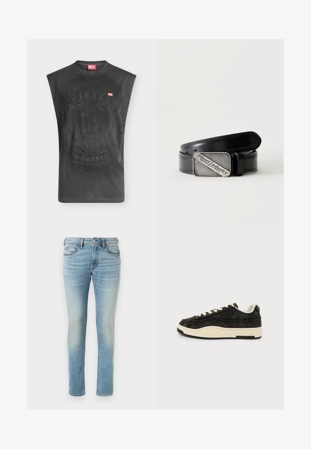 Ärmelloses schwarzes Diesel-T-Shirt mit dezentem Adlermotiv und kleinem roten Diesel-Logo-Patch auf der Brust.; Hellblaue Denim-Jeans mit tailliertem Schnitt, fünf Taschen, subtilen Auswaschungen, mit Knopfverschluss und Gürtelschlaufen.; Schwarzer Sneaker mit niedrigem Schaft, cremefarbener Sohle und Schnürsenkeln, ausgefransten Stoffdetails und gepolstertem Kragen auf weißem Hintergrund.; Schwarzer Ledergürtel mit rechteckiger silberner Schnalle, auf der der eingravierte Text "Diesel Industry Denim Division" steht, auf einem hell gestreiften Hintergrund.