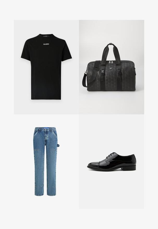 Sort t-shirt med korte ærmer og rund halsudskæring, med en lille hvid logo på brystet, lavet af blødt bomuldsstof.; Blå denimjeans med et lige ben-design, der har kontrastfyldte lapper, to forlommer og en synlig løkke-detalje på siden.; Sort laklæder formel oxfordsko med snørebånd og lav hæl, vist fra siden på hvid baggrund.; Sort duffelbag med et tekstureret geometrisk mønster, dobbelt lynlåslukning og justerbare stropper. Pyntet med robuste hardware-detaljer.