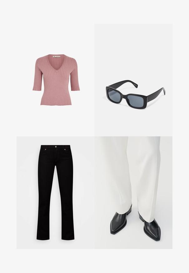 Geribbelde, korte mouwen trui in zachtroze met een diepe V-hals, met een aansluitende pasvorm en een gegolfde zoom voor extra detail.; Zwarte denimjeans met een slim fit, vijf-pocket ontwerp, knoopsluiting en subtiele koperen accenten op de klinknagels.; Zwarte puntige enkellaarzen met een gladde leren afwerking, lage blokhakken, gecombineerd met witte wijde broekspijpen. Eenvoudig en modern design.; Zwarte rechthoekige zonnebril met donkere getinte lenzen, een dik plastic montuur en brede scharnieren. Glad oppervlak en hoekig ontwerp.