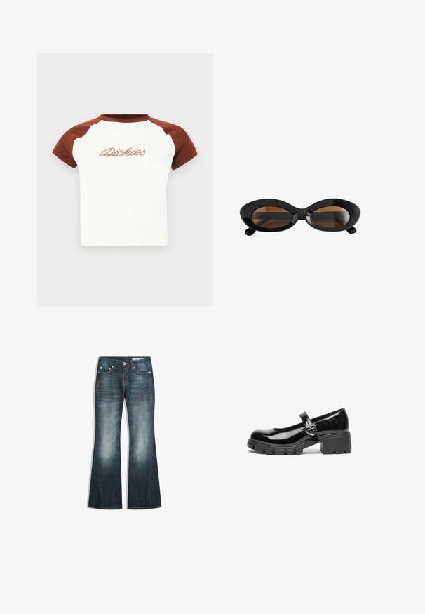 T-shirt à manches courtes avec un corps blanc et des manches raglan marron. Présente "Dickies" en broderie stylisée sur la poitrine. Texture lisse.; Jean bootcut bleu marine avec des zones décolorées sur les cuisses et les genoux, design à cinq poches et fermeture par bouton métallique.; Chaussure Mary Jane en cuir verni noir avec un talon épais, un bout rond et une sangle ornée d'une boucle en forme de cœur.; Lunettes de soleil ovales noires avec montures épaisses et verres teintés marron, présentées sur un fond blanc.
