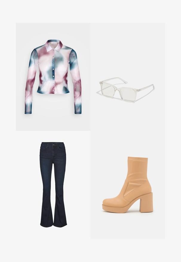 Even&Odd Pikkade varrukatega topp - multi-coloured; Tumesinised laiema lõikega teksapüksid kõrge vöökohaga, millel on viis taskut ja peened õmblused. Sile tekstuur klassikalise disainiga.; Even&Odd Kõrge kontsaga poolsaapad - beige; Selge plastmassist ruudukujulised prilliraamid koos läbipaistvate läätsedega, millel on kuldsed aktsendid templitel, et lisada detaile.