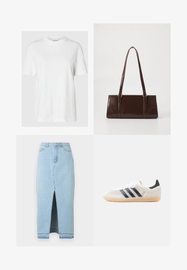 T-shirt en coton blanc avec des manches courtes et un col rond. Présente une coupe décontractée et un design minimal sans motifs ni accents.; Jupe en jean bleu clair avec une fente à l'avant et une ceinture. Comprend le design traditionnel à cinq poches et une fermeture à bouton en métal.; Baskets en maille blanche avec un design à trois bandes noires, bout arrondi et semelle en caoutchouc gomme. Dotées d'un col de talon souple et d'une fermeture à lacets.; Sac à main en cuir verni marron de forme rectangulaire, avec deux longues poignées et des accents courbés subtils à l'avant.