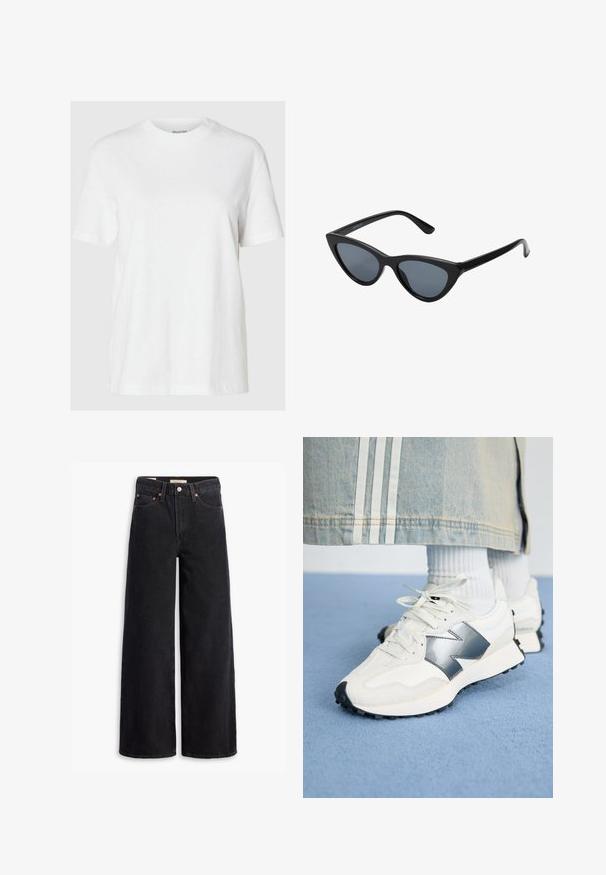 Witte katoenen t-shirt met korte mouwen en een ronde halslijn. Heeft een relaxte pasvorm en een minimalistisch ontwerp zonder patronen of accenten.; Zwarte brede jeans gemaakt van denim, met vijf zakken, koperen klinknagels en een klassieke knoopsluiting. Glad van textuur met een strakke uitstraling.; Witte sport sneakers met een zilveren accent, textiel en glad leer; met een zwarte rubberen zool en veters.; Zwarte cat-eye zonnebril met donkergrijze lenzen, slank plastic frame, puntige hoeken en rechte pootjes. Geen zichtbare hardware of accenten.