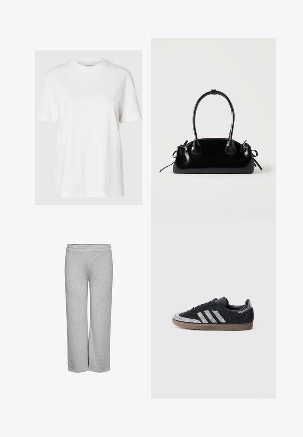 Weißes Baumwoll-T-Shirt mit kurzen Ärmeln und rundem Ausschnitt. Hat eine lockere Passform und ein minimales Design ohne Muster oder Akzente.; Graue Sweatpants mit einem weiten Schnitt, weichem Material und einem elastischen Bund, ohne sichtbare Muster oder Hardware-Details.; Schwarzer Sneaker mit funkelnden silbernen Akzenten und drei weißen Streifen. Verfügt über ein niedriges Design, eine strukturierte Oberseite und eine braune Gummisohle.; Kleine schwarze glänzende Handtasche mit zwei langen Griffen und seitlichen Kordelzug-Details vor einfachem hellem Hintergrund.