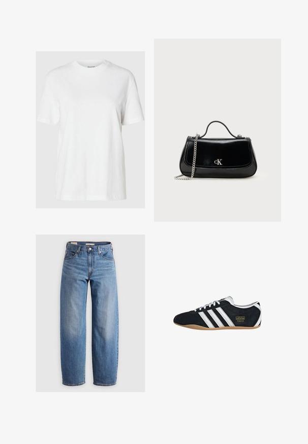 Hvid bomuld t-shirt med korte ærmer og rund halsudskæring. Har en afslappet pasform og et minimalistisk design uden mønstre eller accenter.; Lysblå lige ben jeans lavet af denim. Har et klassisk fem-lomme design og subtile falmede områder langs benene.; Sort ruskinds sneaker med hvide tre striber, guldlogo og en brun gummisål. Har et lavprofil snørebåndsdesign.; Sort læderhåndtaske med en kædestrop, struktureret form og et sølvlogo. Glat overflade med flaplukning.