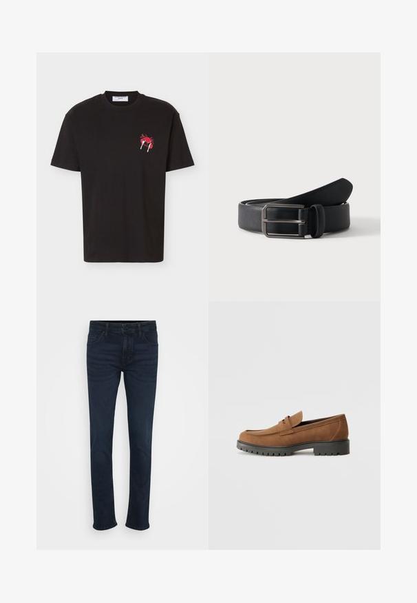 T-shirt noir manches courtes avec un petit graphique de crabe rouge tenant une fourchette et une cuillère sur la partie supérieure gauche de la poitrine.; Jean bleu foncé avec une coupe droite, présentant un design classique à cinq poches, un bouton en métal et des passants de ceinture à la taille.; Mocassins en daim marron avec un bout arrondi et une semelle noire en caoutchouc basse, présentant une sangle décorative et des détails de couture sur le dessus.; Ceinture en cuir noir roulée avec une boucle métallique argentée rectangulaire sur un fond clair uni.