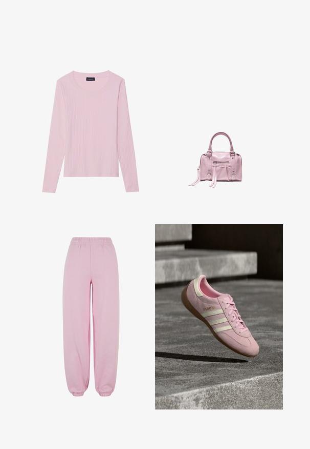 Haut à manches longues côtelé rose pâle avec un col rond et une silhouette ajustée. Fabriqué en tissu doux et texturé. Design minimaliste, sans motifs.; Urban Classics Pantalon de survêtement - softpink; Baskets en cuir suédé rose avec trois bandes blanches, design à lacets, semelle en gomme et détail de logo doré sur le côté. Texture douce avec forme arrondie.; Petit sac à main rose clair avec deux poignées, poche avant zippée et sangles décoratives avec anneaux métalliques sur fond blanc.