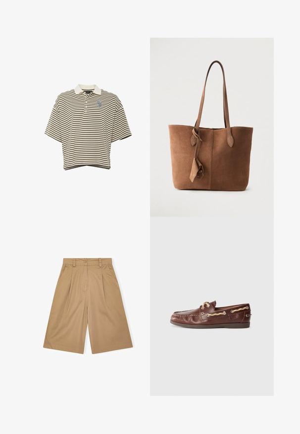 Polo de manga corta con rayas horizontales marrones y blancas, cuello blanco y pequeño logo bordado en el pecho izquierdo.; Pantalones cortos de algodón beige con un corte relajado, que presentan pliegues, cierre de botón y bolsillos laterales. Textura suave y diseño hasta la rodilla.; Zapato náutico marrón de cuero con herrajes dorados, detalle de costura y una suela de goma plana. Presenta cordones a través de ojales y un logo en el costado.; Bolsa tote de ante marrón con dos correas para el hombro, un diseño sencillo y un detalle de borla lateral. Textura suave y forma estructurada.