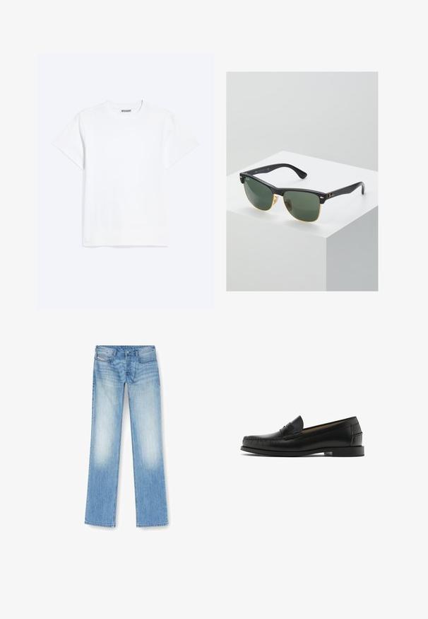 Enkelt hvid t-shirt med korte ærmer og rund halsudskæring med et "WEEKDAY" mærke på indersiden af nakken, vist på en lys baggrund.; Lysblå lige ben jeans lavet af denim, med en falmet finish, fem-lomme design og synlige syninger langs sømmen.; Sorte læderloafer med rundet tå, syningsdetaljer, glat tekstur og lav blokhæl. Ingen synlige udsmykninger eller mønstre.; Ray-Ban solbriller med grønne linser, sorte plastikstel og gyldne detaljer ved kanterne. Firkantet form med mat finish.
